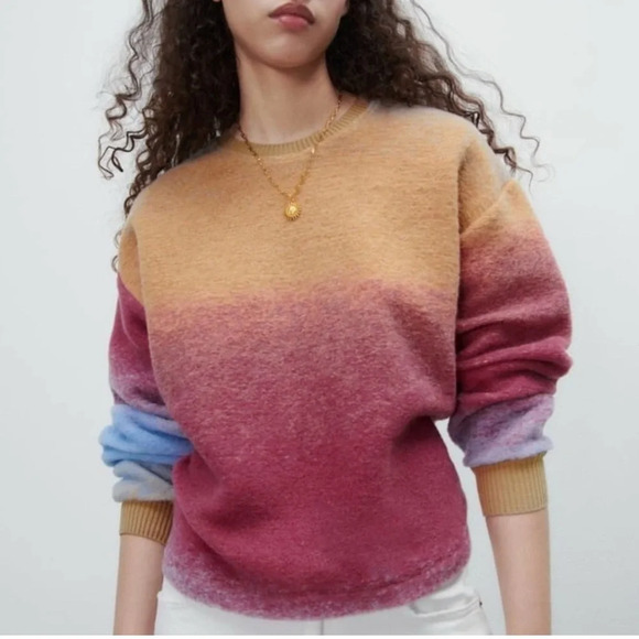 Zara Soft Tie Dye Sweatshirt Sweater Wool Blend Long Sleeve Round Neck, Size S - Picture 2 of 16